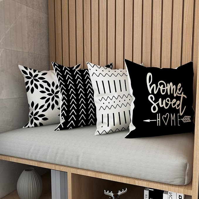 YCOLL Pillow Covers 22x22 Set of 4, Modern Sofa Throw Pillow Cover, Decorative Outdoor Linen Fabric Pillow Case for Couch Bed Car, Black