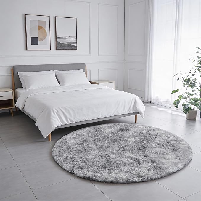 Amdrebio Tie-Dyed Light Grey Round Area Rug 4Ft for Bedroom Living Room, Soft Fluffy Circle Circular Rugs for Kids Room, Home Office Decor, Modern Floor Shag Fuzzy Farmhouse Gray Carpet for Teen Boys