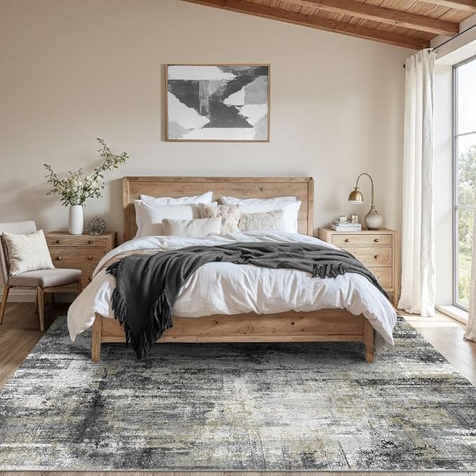 Latte&Fog 5x7 Area Rugs for Living Room Bedroom, Black Modern Abstract Neutral Washable Rug, Boho Non Slip Low Pile Carpet for Dining Room,Dorm,Classroom,College Dorm and Farmhouse - Black Gold