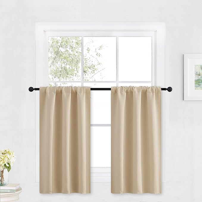 RYB HOME Cafe Curtains 30 inch Length, Short Light UV Heat Blocking Energy Saving Privacy Curtain Tiers for Basement Bathroom Kitchen Window, Width 29 by Length 30, Biscotti Beige, 2 Panels
