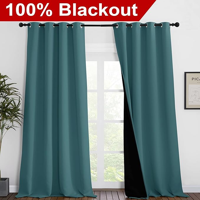 NICETOWN 100% Blackout Blinds, Laundry Room Decor Window Treatment Curtains, Thermal Insulated Energy Smart Drapes and Draperies for Villa, Hall and Studio, Sea Teal, Set of 2, 55 inches x 96 inches