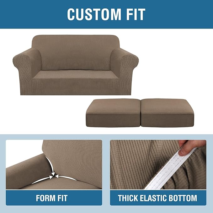 H.VERSAILTEX 3 Piece Stretch Sofa Covers for 2 Cushion Loveseat Couch Covers for Living Room Sofa Slipcovers (Base Cover Plus 2 Seat Cushion Covers) Jacquard Fabric (Medium Sofa, Macchiato)