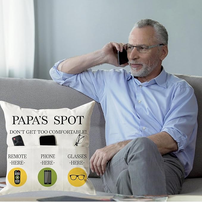 ONFAON Papa Gifts Throw Pillow Case, Papa's Spot Throw Pillow Covers 18 x 18 Inch,Put Phone Glasses and Remote Control Pillowcase,Birthday Christmas Thanksgiving Day Gifts for Papa Stepdad 3-Pocket