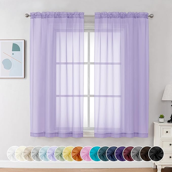 Chyhomenyc Lilac Sheer Curtains 54 Inch Long 2 Panels, Light Filtering Rod Pocket Voile Short Curtains Drapes for Living Room Bedroom Small Windows, 42Wx54L Inches