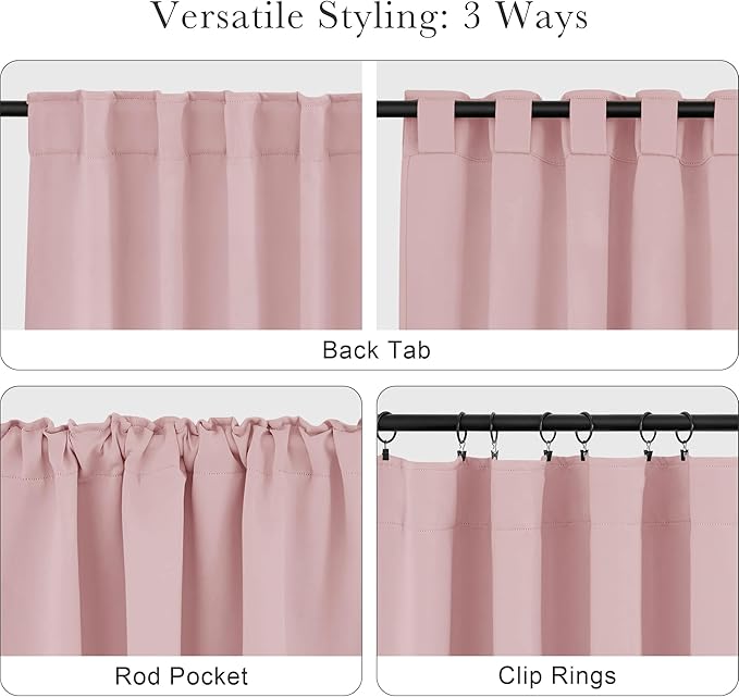 PONY DANCE Kitchen Curtains Short - Thermal Insulated Window Covering Curtain Panels with Rod Pocket/Back Tab Light Block for Bathroom, Wide 42 by Long 45 Inches, Blush Pink, 2 Pieces