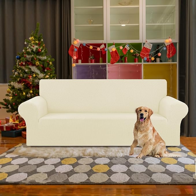KEKUOU Stretch Sofa Cover Slipcover ，Couch Covers for 3 Cushion Couch Sofa pet Friendly (78"-94") Furniture Protector Sofa with Elastic Bottom for Kids,Dog, Jacquard Small Checked(Large,Beige)