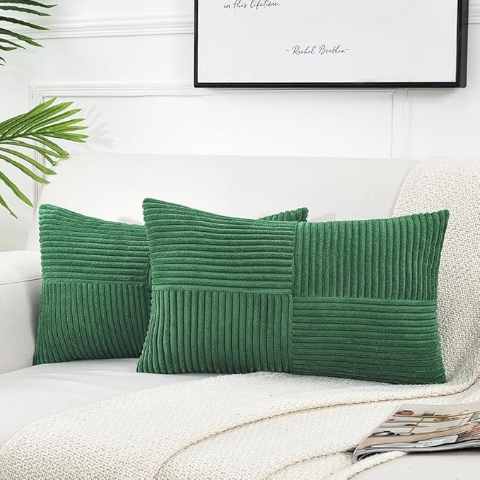 Fancy Homi 2 Packs Green Lumbar Decorative Throw Pillow Covers 12x20 Inch for Couch Bed Sofa, Holiday Christmas Home Decor Gift, Soft Striped Corduroy Rectangle Accent Cushion Case 30x50 cm