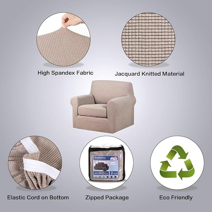 H.VERSAILTEX Armchair Slipcover Chair Cover 2 Piece Stretch Slipcovers Furniture Protector with Elastic Bottom Fit Armchair Width Up to 47 Inch, Stretch Spandex Jacquard Fabric(Chair, Sand)