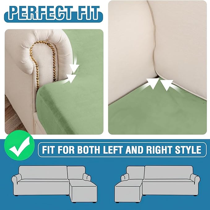 Couch Cover Velvet Chaise Cushion Cover for Sectional Sofas - Elastic L-Shaped Sofa Seat Covers Washable, Slipcover Protector (1-Piece, Avocado Green)