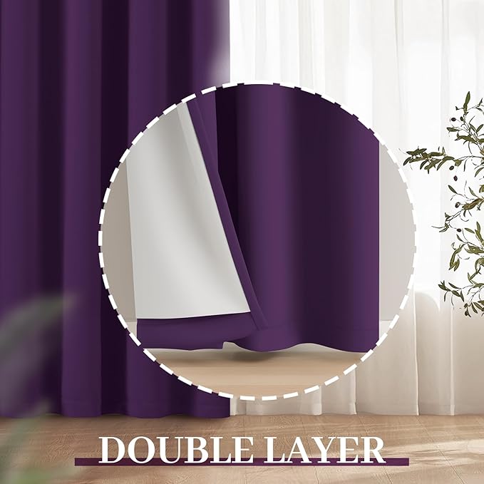 Yakamok Room Darkening 100% Blackout Curtains Grommet Window Treatments with 2 Thick Layers-Purple Thermal Insulated Drapes Set of 2 Panels for Bedroom Living Room 52 Inches by 72 Inches Length