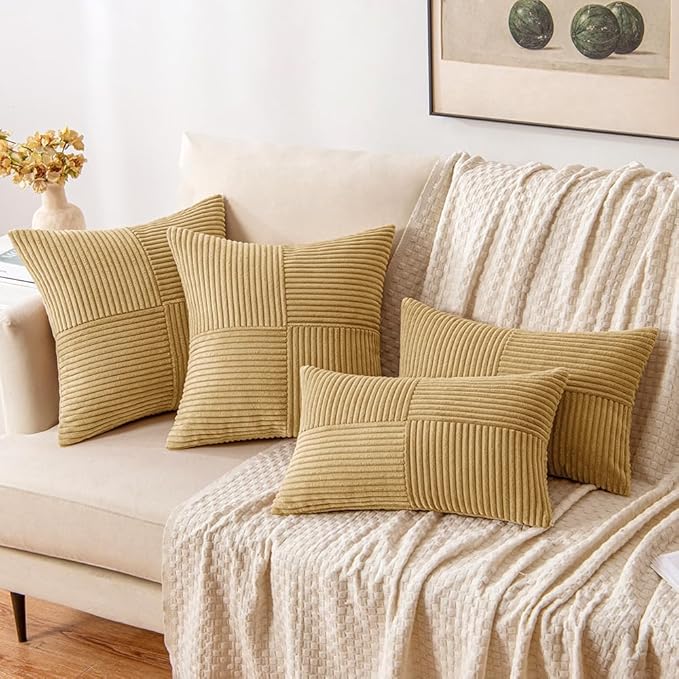 MIULEE Khaki Decorative Throw Pillow Covers 18x18 Inch for Couch Bed Sofa Pack of 2 Boho Farmhouse Throw Pillows Soft Cross Corduroy Patchwork Textured Cushion Cases