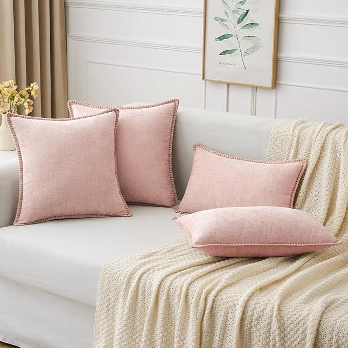 MIULEE Pack of 2 Valentines Day Couch Throw Pillow Covers 18x18 Inch Pink Farmhouse Decorative Pillow Covers with Stitched Edge Soft Chenille Solid Dyed Spring Pillow Covers for Sofa Bed Living Room