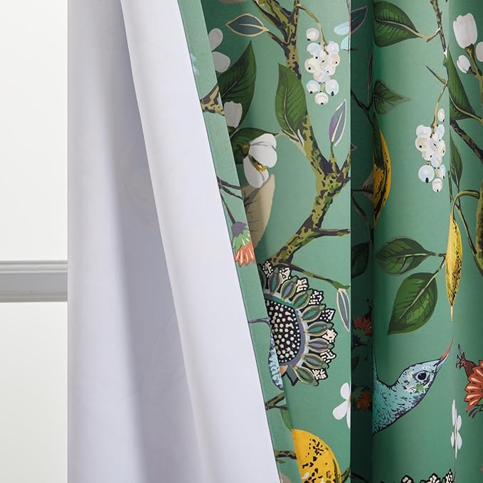 Topfinel 48 Inches Long Short Sage Green Blackout Curtains for Cafe Kitchen, Grommet Room Darkening Luxury Floral Lemon Hummingbird Patterned Waverly Colorful Drapes for Living Room Bedroom