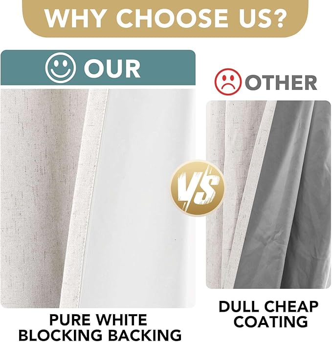 H.VERSAILTEX Primitive Linen Curtains 100% Blackout Curtain Drapes Burlap Fabric Curtains with White Thermal Insulated Liner, Grommet Top Drapes Living Room/Bedroom (2 Panels, 52 x 45 Inch, Ivory)