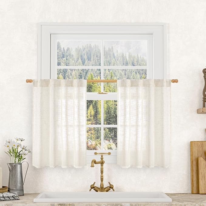 LAMIT Cream Linen Kitchen Curtains 30 Inch Length, Semi Sheer Light Filtering Window Panels Back Tab and Rod Pocket Drapes for Basement/Small Windows, 34 x 30 Inch, 2 Panels