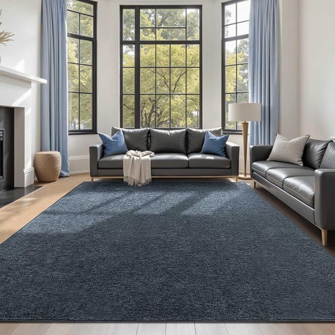 FinRèc Low Pile 6x9 Washable Area Rugs for Bedroom Living Room, Thin Rug Solid Color, Non-Slip Carpet Indoor for Home Decor (Navy Blue)