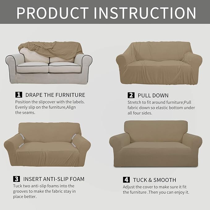 Easy-Going Stretch Sofa Slipcover 1-Piece Sofa Cover Furniture Protector Couch Soft with Elastic Bottom for Kids, Polyester Spandex Jacquard Fabric Small Checks (Sofa, Tan)
