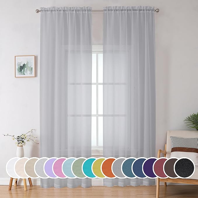 OWENIE Light Grey Sheer Curtains 90 Inches Long for Living Room 2 Panels Set, Soft Solid Living Room Sheer Curtains for Bedroom, Rod Pocket Light Filtering Farmhouse Curtains, 42" Wx90 L