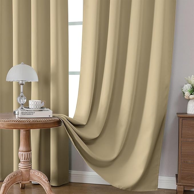 CUCRAF Beige Blackout Curtains 63 inch Length 2 Panels Set, Rod Pocket Room Darkening Drapes for Bedroom Living Room, Insulated Thermal Light Blocking Window Curtain (W52 x L63 Inch)