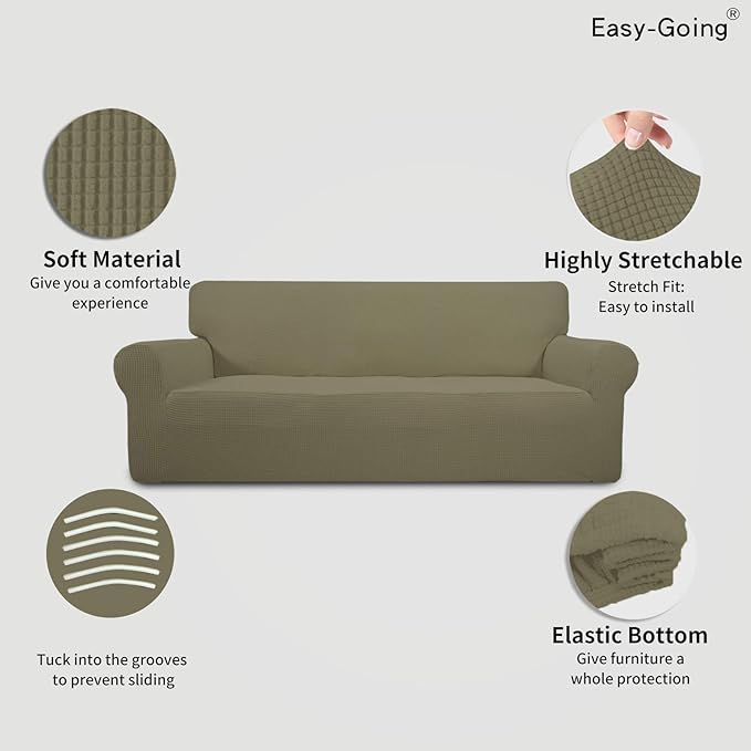 Easy-Going Stretch 4 Seater Sofa Slipcover 1-Piece Sofa Cover Furniture Protector Couch Soft with Elastic Bottom for Kids, Polyester Spandex Jacquard Fabric Small Checks Khaki
