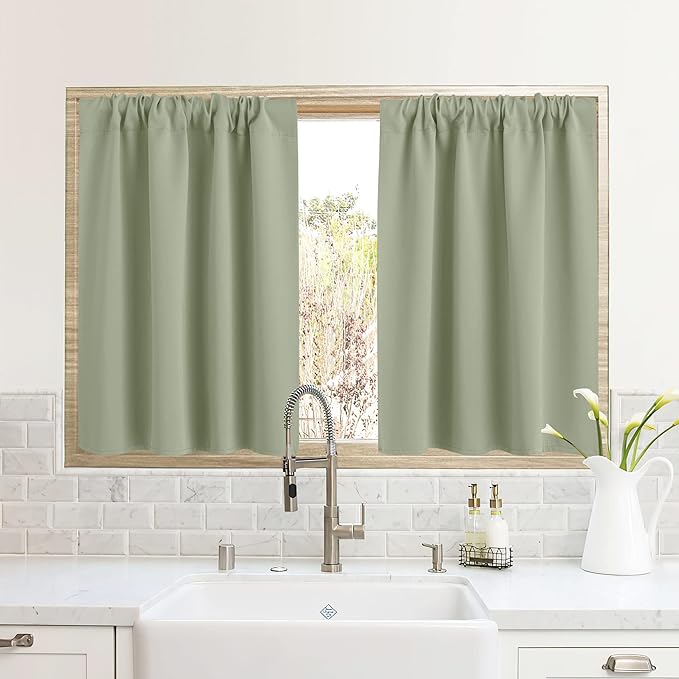 RYB HOME RV Curtains for Camper Windows, Mini Small Thermal Insulated Sunlight Heat Blocking Blackout Privacy Portable Curtains for Travel Trailer, Width 34 by Length 24, Sage Green, 2 Panels