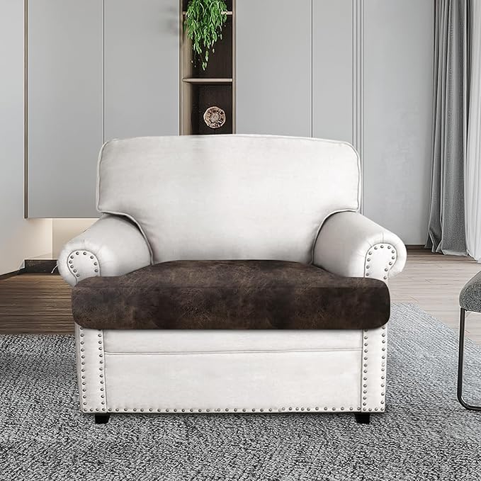 Leather Look Couch Cushion Covers Sofa Seat Slipcovers Sets Couches Furniture Protector for Sectional Armchair Loveseat Pets Kids Stretch Spandex Fabric (1 T-Cushion Armchair, Brown)