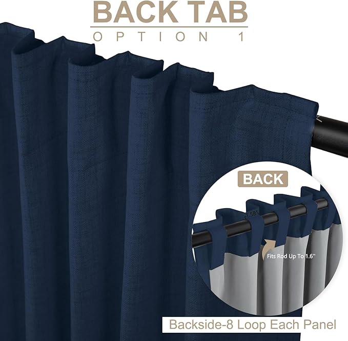 100% Blackout Shield Linen Blackout Curtains for Bedroom 108 Inches Long, Back Tab/Rod Pocket Living Room Drapes, Thermal Insulated Blackout Curtains 2 Panels Set, 50" W x 108" L, Midnight Blue