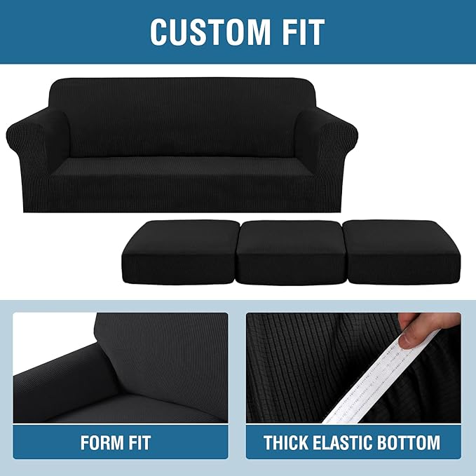 H.VERSAILTEX 4 Piece Stretch Sofa Covers for 3 Cushion Couch Covers for Living Room Furniture Slipcovers (Base Cover Plus 3 Seat Cushion Covers) Upgraded Thicker Jacquard Fabric (Large, Black)