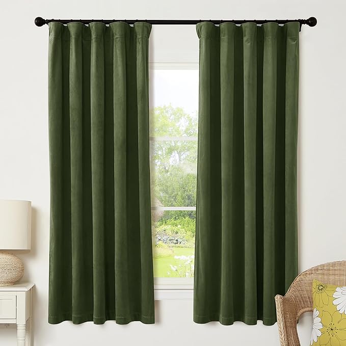 RYB HOME Olive Green Velvet Curtains 72 inches Length with Hook Tape, Thermal Insulated Privacy Protect Decorative Drapes for Window, W 42 x L 72 inches, 2 Panels Set