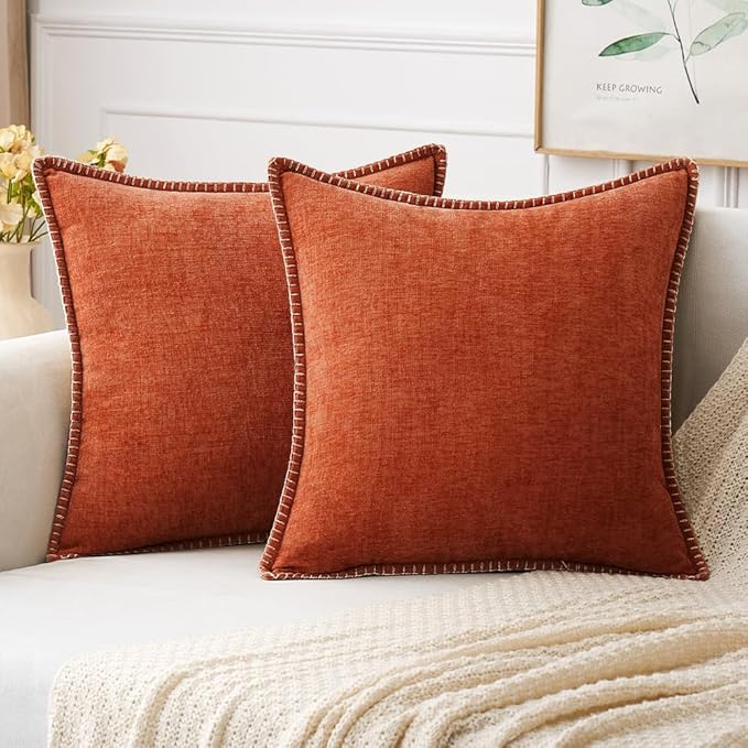 MIULEE Pack of 2 Couch Throw Pillow Covers 18x18 Inch Rust Farmhouse Decorative Pillow Covers with Stitched Edge Soft Chenille Solid Dyed Pillow Covers for Sofa Bed Living Room