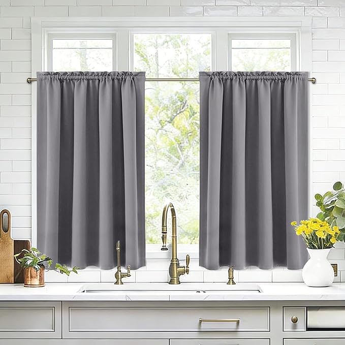 DWCN Short Grey Blackout Curtains for Small Window, Thermal Insulated Energy Saving Room Darkening Curtains for Kitchen/Bedroom (W42 x L36 inch, Set of 2 Panels, Top of Rod Pocket)