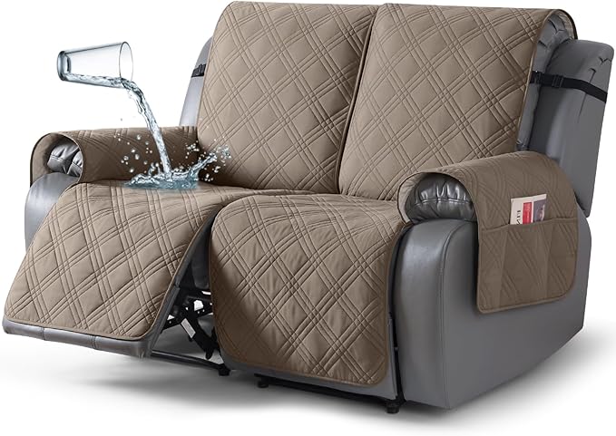 TAOCOCO 100% Waterproof Loveseat Recliner Covers 2 Seater, Split Loveseat Covers for Reclining loveseat, Non Slip Reclining Couch Cover with Double Straps for Kids, Pets(2 Seater, Gray Taupe)