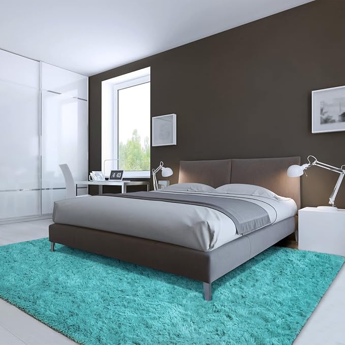 LOCHAS Ultra Soft Indoor Modern Area Rugs Fluffy Living Room Carpets for Children Bedroom Home Decor Nursery Rug 4x5.3 Feet,Teal Blue