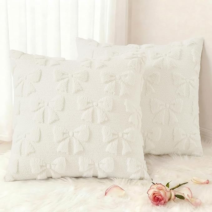 decorUhome Cream White Bow Pillow Covers Set of 2 Coquette Aesthetic Cute Preppy Plush Faux Pillowcases for Girly Bedroom or Couch 20x20 Inch