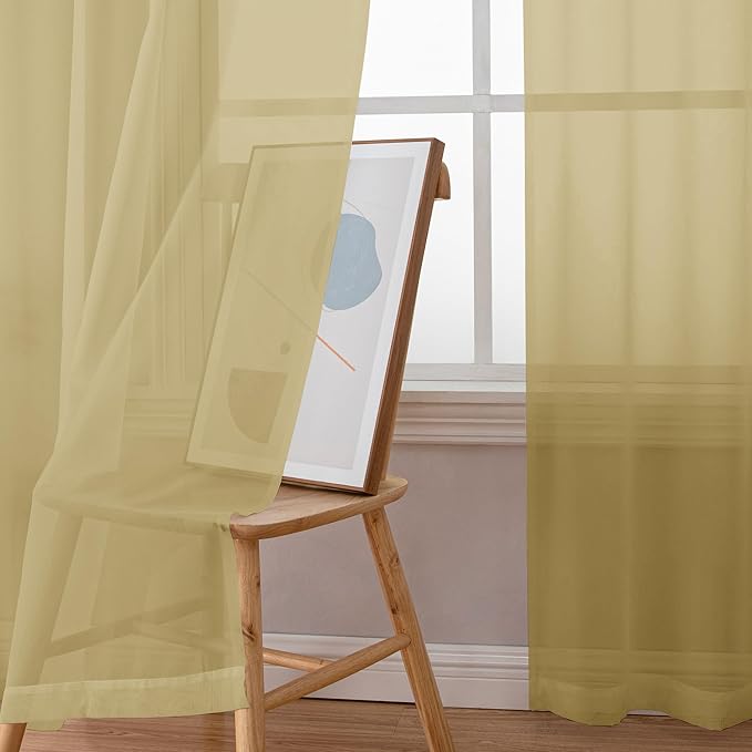 Simplebrand Gold Sheer Tier Curtains for Kitchen 24 Inches Long 2 Panels Set, Rod Pocket Cafe Curtain Light Filtering Sheer Short Curtains for Bathroom/Basement Half Window 42 x 24 Inch