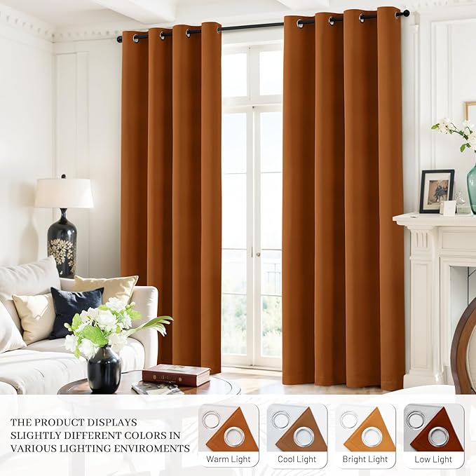 Yakamok Room Darkening 100% Blackout Curtains Grommet Window Treatments with 2 Thick Layers-Burnt Orange Thermal Insulated Drapes Set of 2 Panels for Bedroom Living Room 52 Inches by 63 Inches Length
