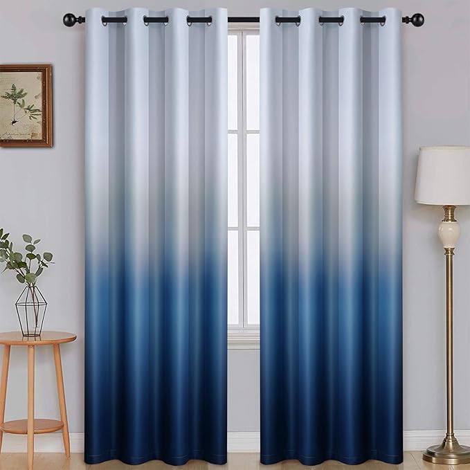 SimpleHome Ombre Room Darkening Curtains for Boys Bedroom, Light Blocking Gradient Grey White to Blue Thermal Insulated Grommet Window Curtains/Drapes for Living Room,2 Panels, 52x96 inches Length
