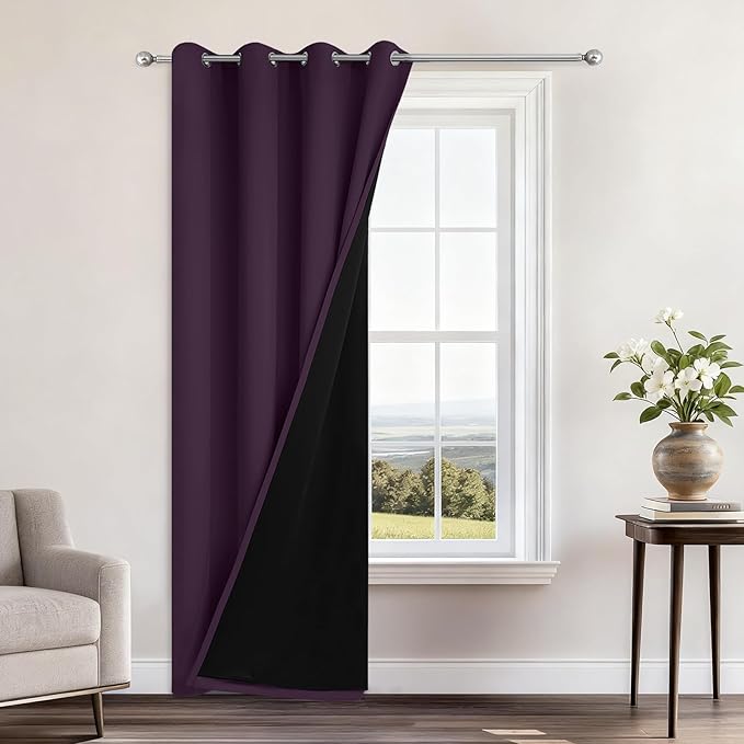 Yakamok 100% Blackout Curtains 84 Inches Long, 2 Thick Layers Heat and Full Light Blocking Soft Thermal Insulated Drapes for Bedroom(52" Wide Each Panel, Purple, 1 Panel)