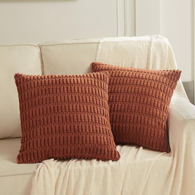 Fancy Homi 4 Packs Rust Decorative Throw Pillow Covers 26x26 Inch for Living Room Couch Bed Sofa, Terracotta Rustic Farmhouse Boho Home Decor, Soft Plush Striped Corduroy Square Cushion Case 66x66 cm