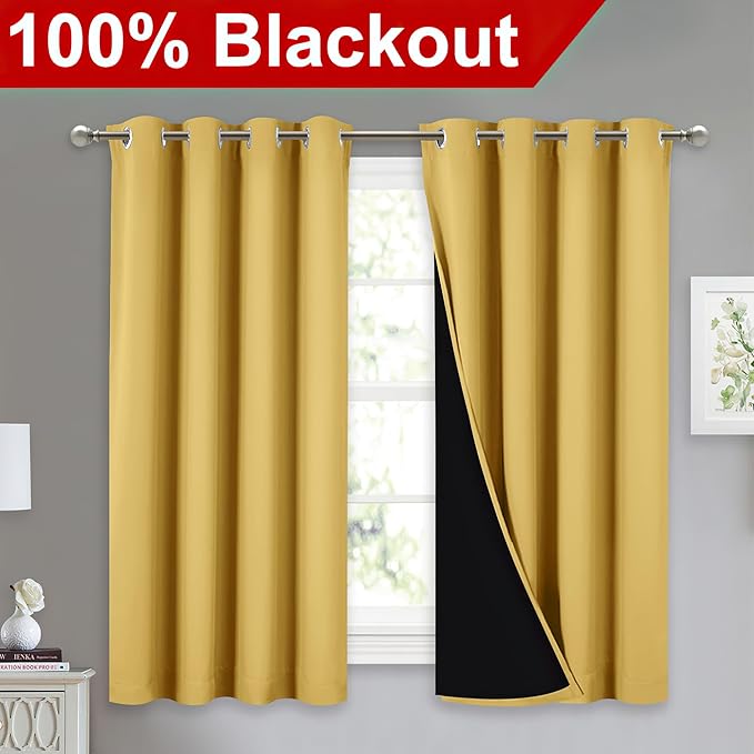 NICETOWN 100% Blackout Curtains with Black Liners, Thermal Insulated Full Blackout 2-Layer Lined Drapes, Noise Cancellation Window Drapes for Dining Room (Bright Yellow, 2 Panels, 52" W by 54" L)