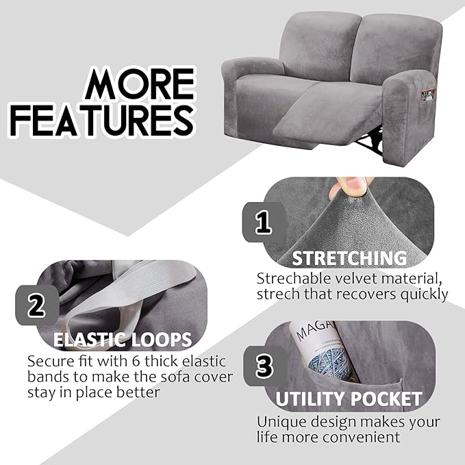 ULTICOR Reclining Love Seat Slipcover, 48" - 65" L, 6-Piece Velvet Stretch Loveseat Reclining Sofa Covers, 2 seat Love seat Recliner Cover, Thick, Soft, Washable (Light Grey)