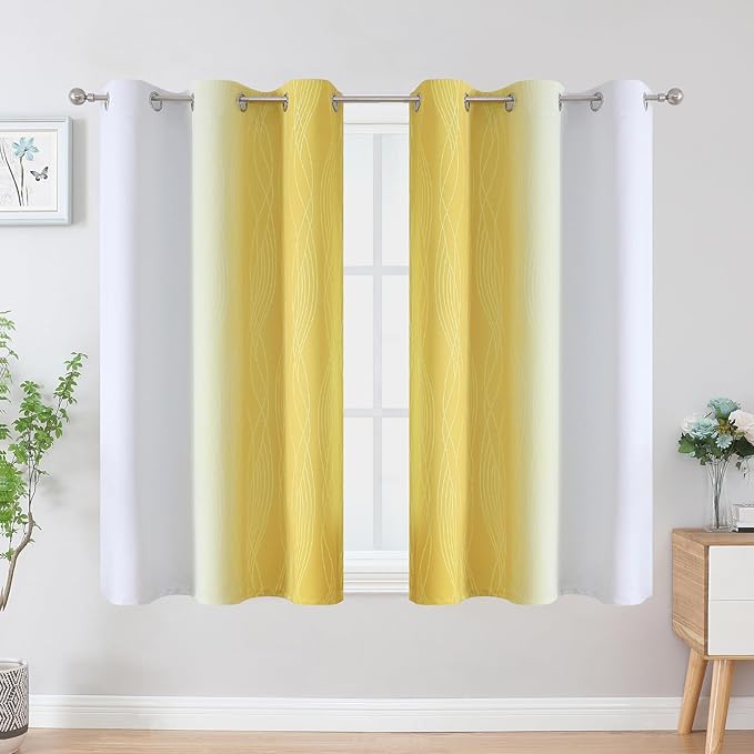 Estelar Textiler Yellow and Greyish White Ombre Blackout Curtains 45 Inch Length 2 Panels, Full Room Darkening Gradient Drapes for Kitchen,Thermal Insulated Grommet Short Curtains for Bathroom,42Wx45L