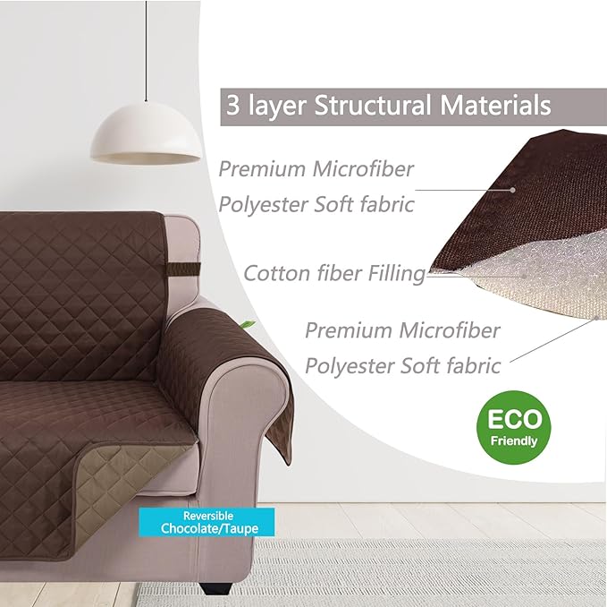 U-NICE HOME Reversible Sofa Cover Couch Cover for Dogs with Elastic Straps Water Resistant Furniture Protector for Pets Couch Cover for 3 Cushion Couch (Sofa, Chocolate/Taupe)