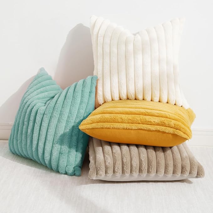 decorUhome Summer Cozy Faux Fur Throw Pillow Covers 18x18 Set of 2 Decorative Soft Plush Striped Modern Farmhouse Boho Couch Pillow Cases with Velvet Back for Sofa Bed Living Room, Aqua