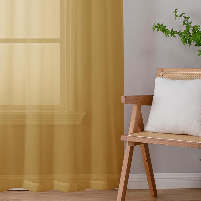 Chyhomenyc Extra Long Gold Sheer Curtains 108 Inches Long 2 Panels, Light Filtering Gold Curtains for Living Room, Soft Gentle Voile Rod Pocket Bedroom Window Drapes, 59Wx108L Inch, 9FT, 2PCS