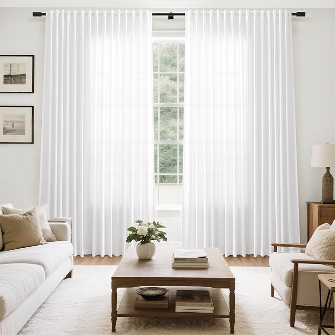 Extra Wide Linen Curtains for Living Room 102 Inch for Bedroom Divider Off White Rustic Farmhouse Drape Rod Pocket Back Tab Light Filtering Dinner/Office Window Curtain for Sliding Door，2 Panles