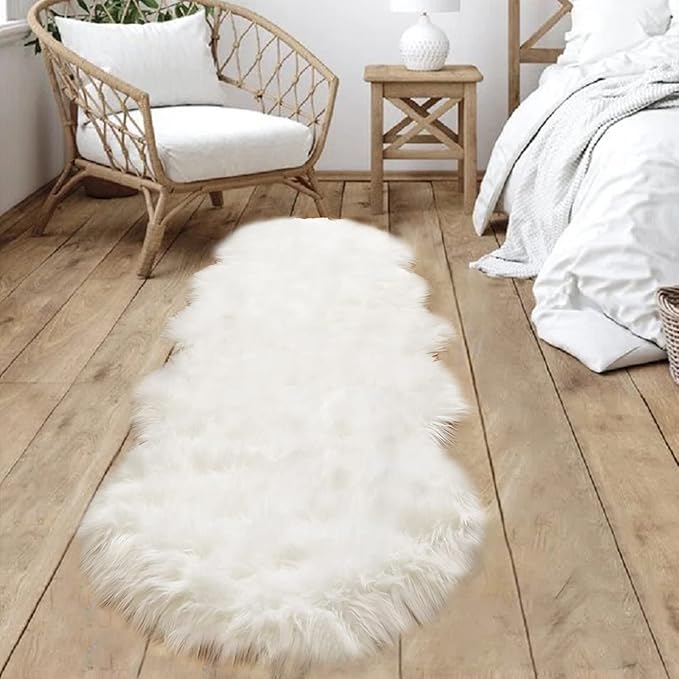 Goolela White Faux Sheepskin Fur Rug 2x6 Fluffy Fuzzy Furry Runner for Bedroom Bedside Shaggy Soft Sheepskin