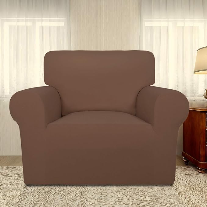 PureFit Super Stretch Chair Sofa Slipcover – Spandex Non Slip Soft Couch Sofa Cover, Washable Furniture Protector with Non Skid Foam and Elastic Bottom for Kids, Pets （Chair, Brown）
