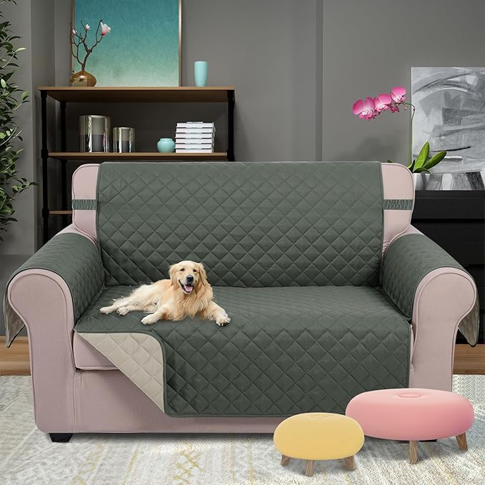 U-NICE HOME Loveseat Sofa Cover Reversible Couch Cover for Dogs Pets with Elastic Straps Water Resistant Furniture Protector for 2 Cushion Couch (Loveseat, Grey/Beige)