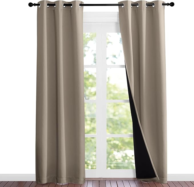 NICETOWN Taupe Full Shade Curtain Panels, Pair of Thermal Insulated & Energy Efficiency Blackout Curtains for Living Room Windows, Lined Silky Performance Window Dressing (37" Wide x 84" Long, Taupe)